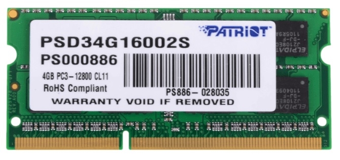 Модуль памяти SO-DIMM DDR3 4GB 1600МГц Patriot (CL11, 1.5V) (PSD34G16002S)