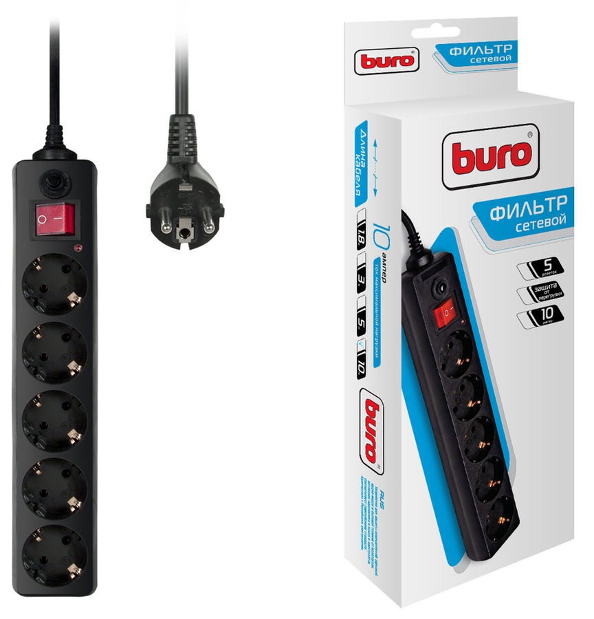 Сетевой фильтр Buro 10.0м (5 розеток) (500SH-10-B) (черный)