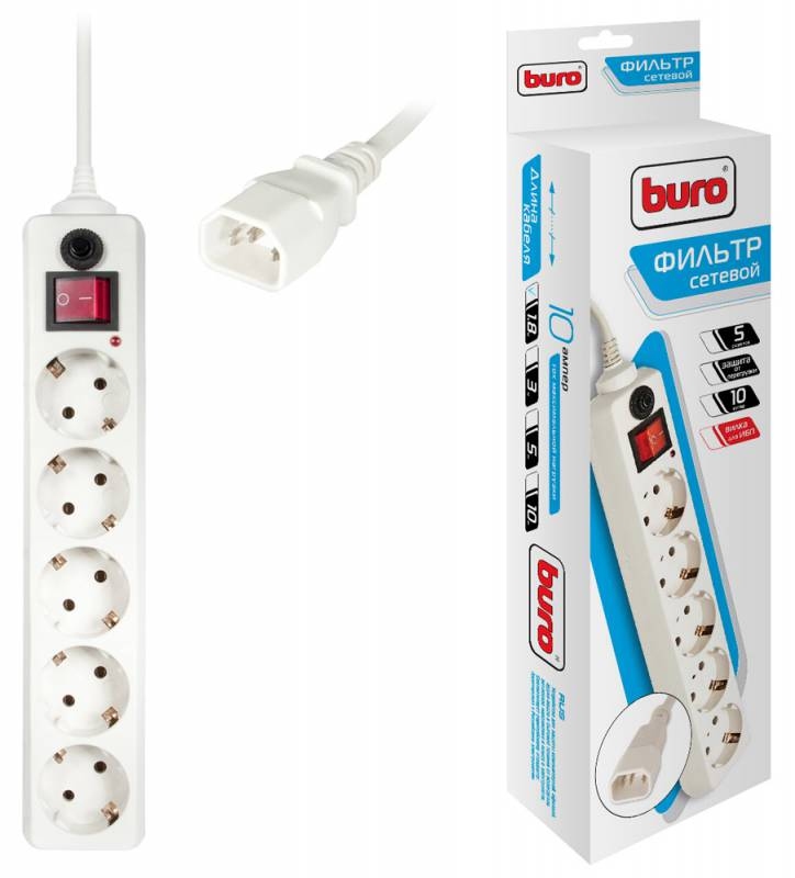 Сетевой фильтр Buro  1.8м (5 розеток) (500SH-1.8-UPS-W) для ИБП (белый)
