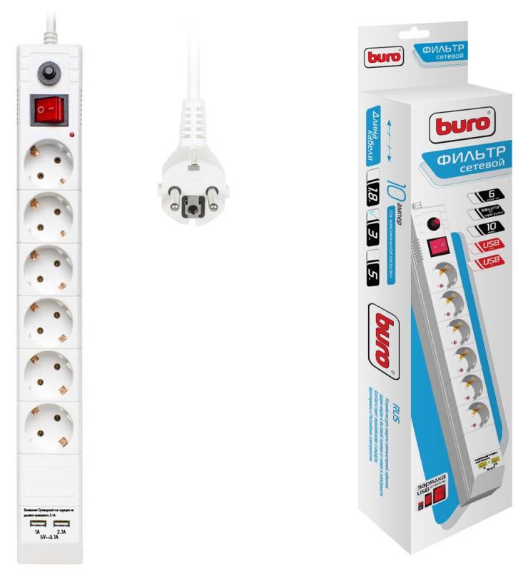Сетевой фильтр Buro  3.0м (6 розеток) (BU-SP3_USB_2A-W) 2xUSB (белый) (коробка)