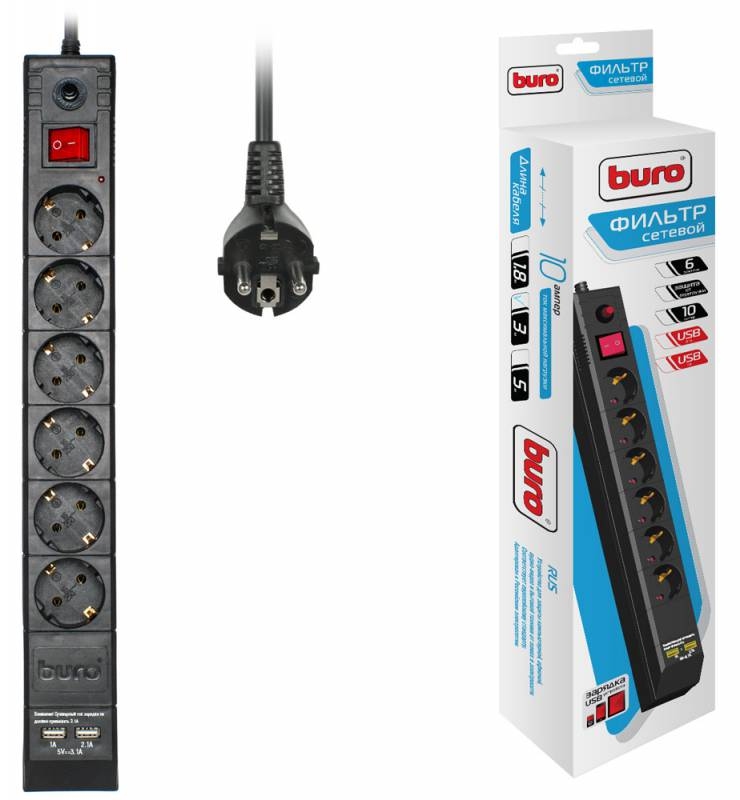 Сетевой фильтр Buro  3.0м (6 розеток) (BU-SP3_USB_2A-B) 2xUSB (черный) (коробка)