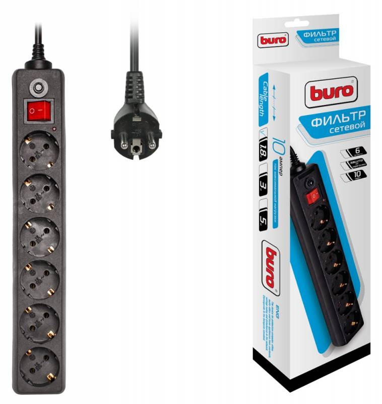 Сетевой фильтр Buro  1.8м (6 розеток) (600SH-1.8-B) (черный)