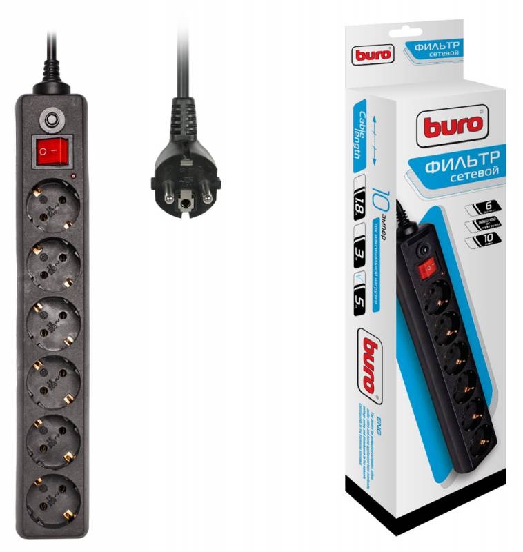 Сетевой фильтр Buro  3.0м (6 розеток) (600SH-16-3-B) (черный)