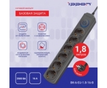 Сетевой фильтр Ippon  1.8м (6 розеток) (BK-6-EU-1.8-16-B) (черный)