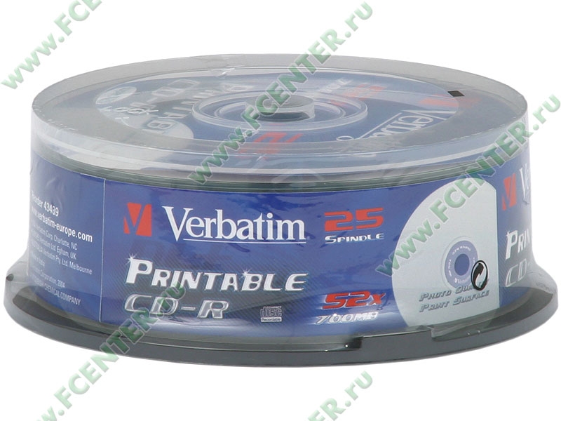 Диски CD-R 700MB Verbatim 52x (43439) <25 шт, на шпинделе, упаковка> Printable