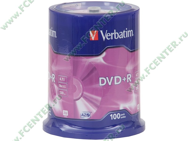 Диски DVD+R 4.7Gb Verbatim 16x (43551) <100 шт, на шпинделе, упаковка>