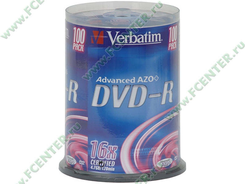 Диски DVD-R 4.7Gb Verbatim 16х (43549) <100 шт, на шпинделе, упаковка>