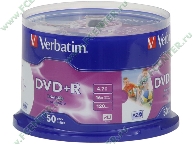 Диски DVD+R 4.7Gb Verbatim 16x (43512) <50 шт, на шпинделе, упаковка> Printable