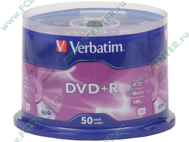 Диски DVD+R 4.7Gb Verbatim 16x (43550) <50 шт, на шпинделе, упаковка>