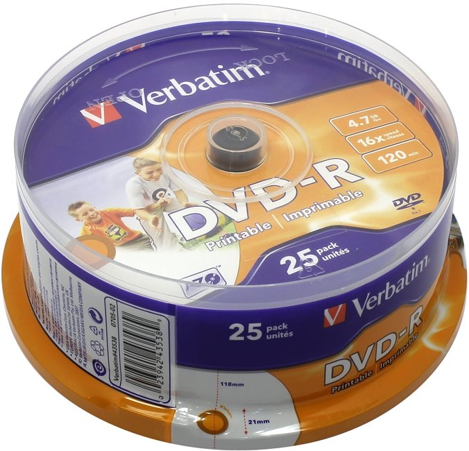 Диски DVD-R 4.7Gb Verbatim 16x (43538) <25 шт, на шпинделе, упаковка> Printable