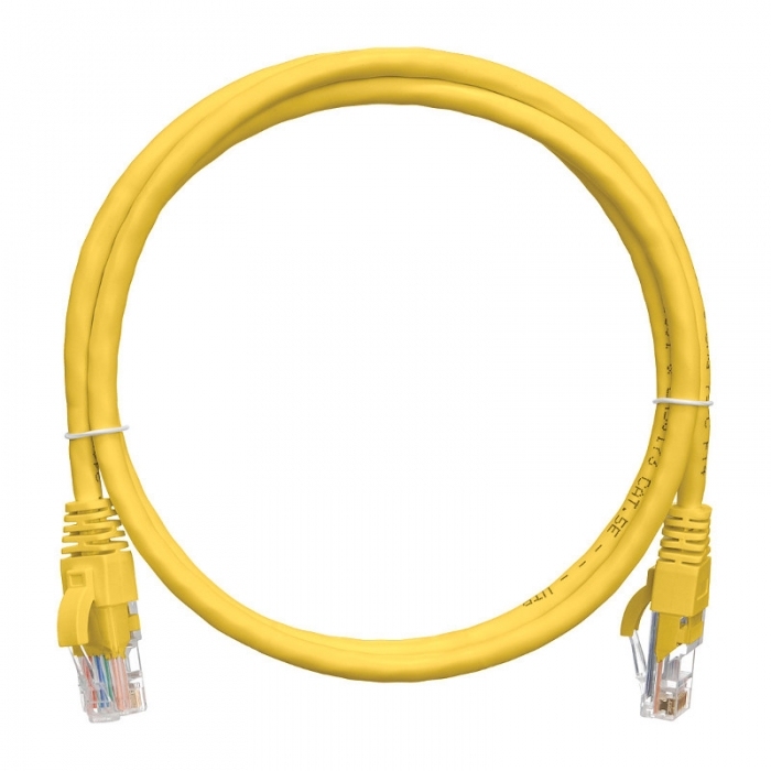 Патч-корд NIKOMAX U/UTP 4 пары, Кат.5е (Класс D), 100МГц, 2хRJ45/8P8C, T568B, заливной, с защитой защелки, многожильный, BC (чистая медь), 24AWG (7х0,205мм), LSZH нг(А)-HFLTx, желтый, 0,5м